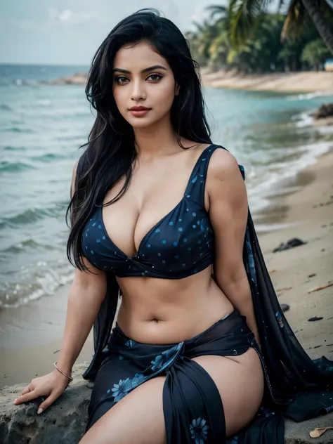 Hot and sexy woman, gigantic breasts, cleavage, wore stylish and design hot and Sexy black and dark Blue colour saree (printed Deign ), sitting in beach (afternoon time), sitting  & model pose, beautiful body, masterpiece, ultra realistic,detailed, 16 k , ...