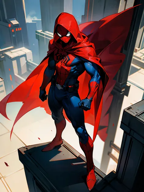 1male , Spiderman Suit , Red and Black Spiderman Suit , Red Hood , Red Cape , Perfect Generation , Masterpiece Quality , Standing on Rooftop , Lean Muscular Build , Gadget Utility Belt 