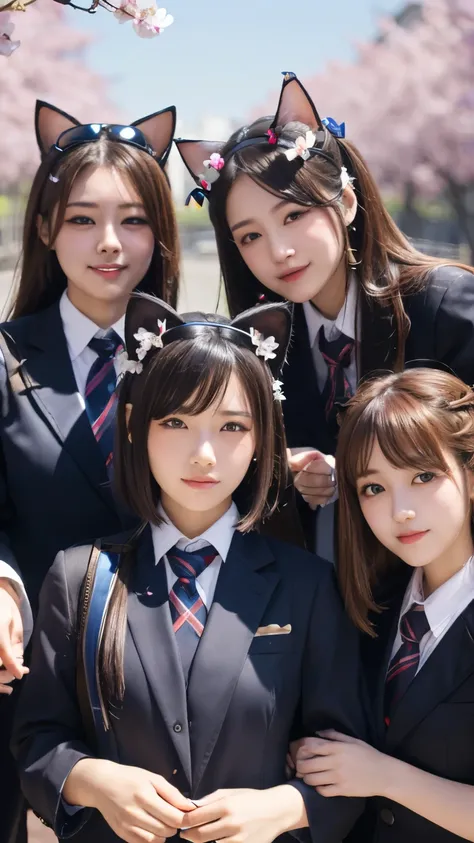 masterpiece, 4k, Bokeh, beautiful face, (multiple girls:1.4), Japanese idle, Harem, (group photo:1.2), (Cat ears:1.3), medium bob hair, school uniform, graduation, looking at the viewer, cherry blossoms, cowboy shot,