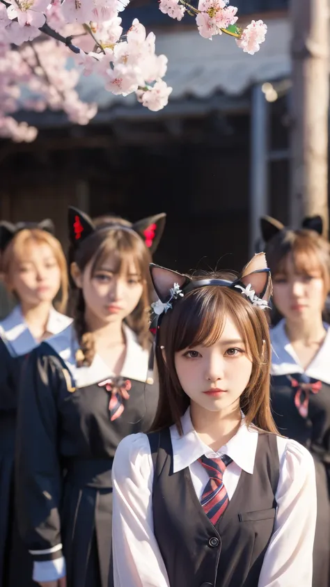 masterpiece, 4k, Bokeh, beautiful face, (multiple girls:1.4), Harem, (group photo:1.2), (Cat ears:1.3), medium bob hair, school uniform, graduation, looking at the viewer, cherry blossoms, cowboy shot,