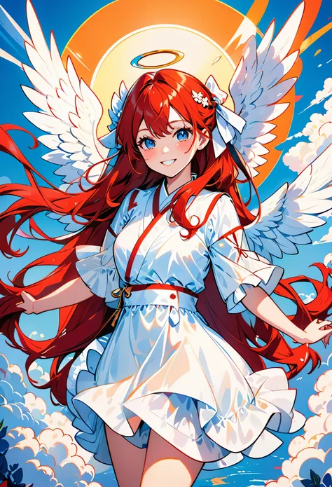 ((highest quality、Ultra fine、fantasy、front、poor、8K))、pop art、cute、Outline emphasis illustration、Beauty、long hair、redhead、Rich in color、high contrast、whole body、angel wings、I&#39;m smiling and complaining