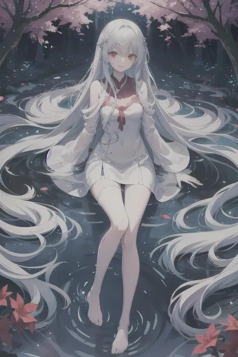 Dreamy beautiful moonlight in dark forest。View of a 15-year-old girl from above。(Wet messy silver hair and red eyes)。smile slightly。She only wore a long transparent white cloth，It has beautiful lace trim on it。Soak the cloth in water。(splashing in the dark...