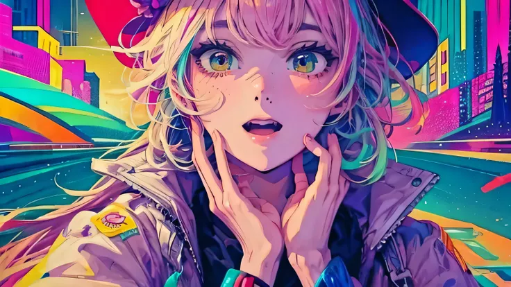 best quality, 4K wallpaper, masterpiece, extremely detailed CG unity 8k wallpaper, extremely detailed eyes, ultra-detailed, intricate details, face close up 1 happy smile shy girl in center, heterochromia, retro art style, neon pop abstract art style, publ...