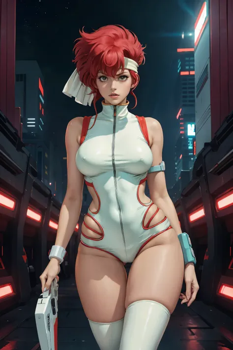 skinny Kei from The Dirty Pair wearing a tight white outfit, skinny frame, skinny legs, medium breast, red hair beauty, cyberpunk city background, holding retro space-gun, green headband, slim waist, slim thighs, skinny thighs, thin thighs, slender thighs,...