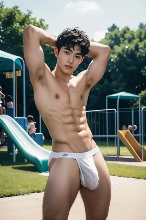 Slide, kids slide, kids play, teen boy, Showing off his very hairy armpits, Slim fit body, teenager body, Shota, very cute boy face, 15 years old boy, baby face, young teen, Very young teenager boy, Amazing fun Playground park scenery, in the middle of Cro...