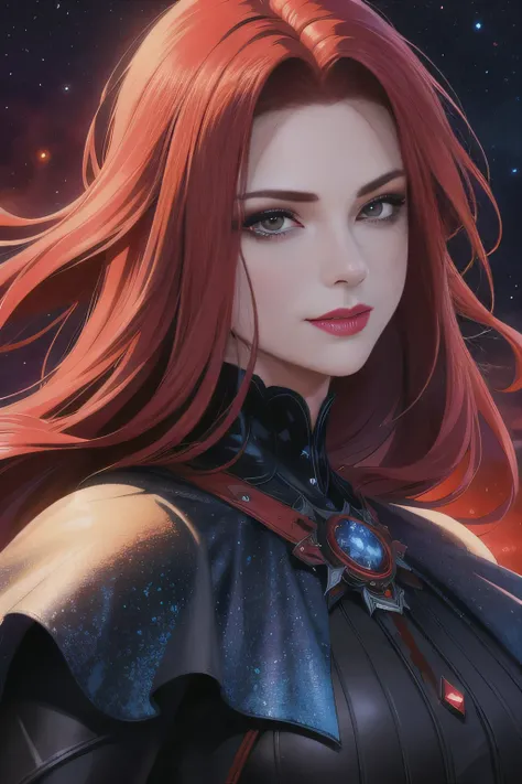 portrait shot, ((blood vivid red hair)), mature woman, 30 years old, diamond face, moonlight, red starry sky background, depth of field, magic, big red lips, ((dark black eyes)) black and red long and full dress, covered chest, mystical atmosphere, ominous...