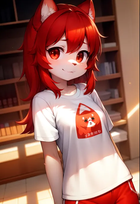 hairy, white fur, super cute face, red elements on fur, Luminous T-shirt, beautiful light and shadow, ambient light, Super fine fur, Volumetric light