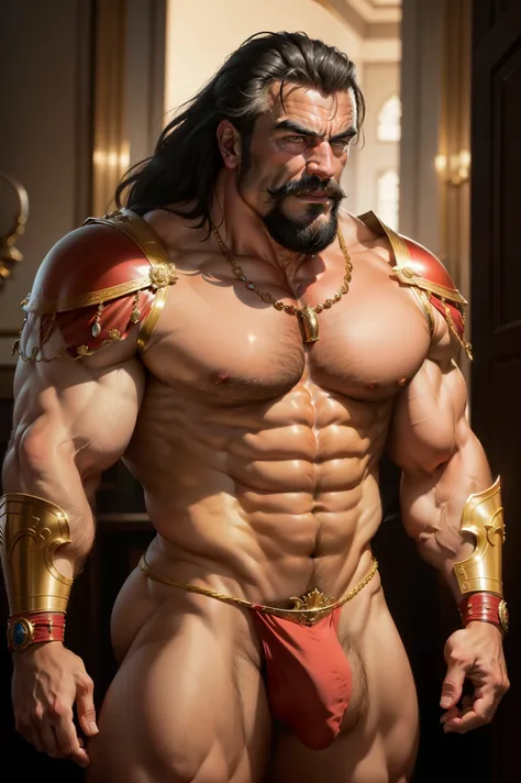 muscular chief king, front view , old muscleman warrior, almost naked, wearing a red satin thong, big bulging thong, wearing revealing gold armor, very hairy body, handsome face, face looks like Tom Selleck, graying hair white on the sides, black mustache,...