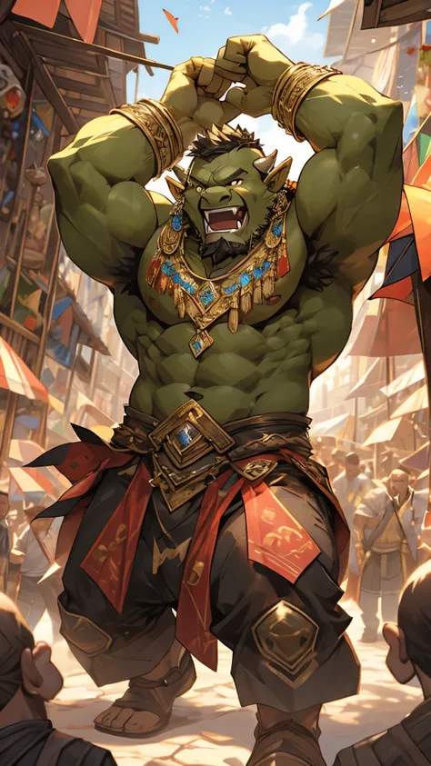 One scene of a video game, depth of field, dynamic lighting, hyper-realistic, male_focus on a muscular orc boy with green skin and piercing black eyes. He wears intricately designed jewelry and has pointy ears adorned with gold earrings. His fiery eyes are...