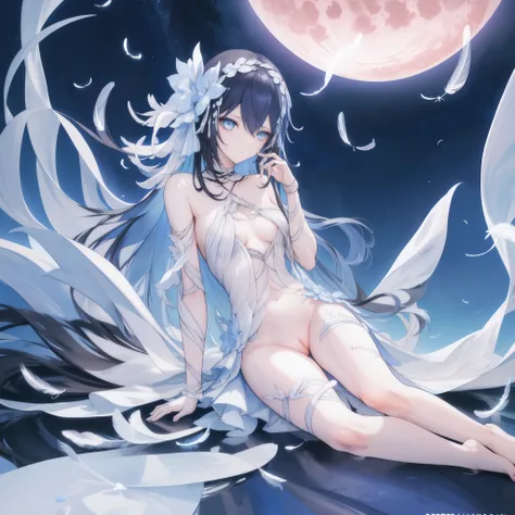 ((A far view)) of a anime girl, (sitting in the moon), cinematic light, slim body with curves, skin perfectly white, soft, and smooth, ((no nsfw)), Extremely delicate and beautiful CG illustration, best quality, high resolution, dynamic angle, full-length ...