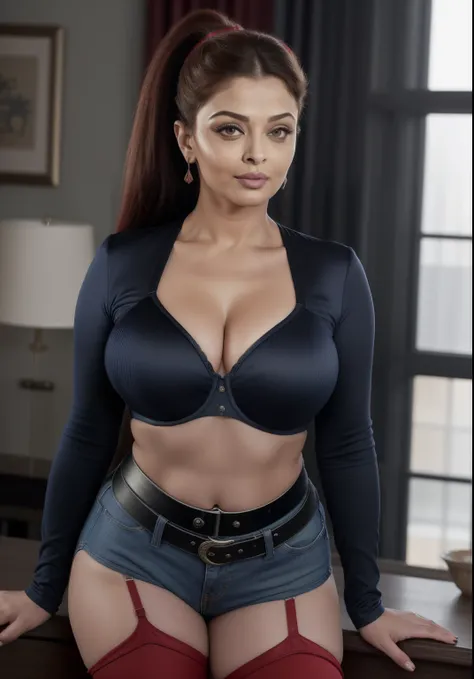 50 yo MILF Aishwarya Rai Bachchan, denim micro hot pants with ((RED BRA)), ((thigh high boots)), ((high ponytail shrt hair)), bright sunny day scene, mature athletic curvy milf body, seductive pose in ranch, mature hourglass milf figure, perfect breasts wi...