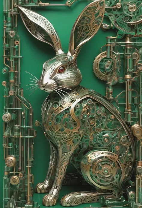 (highest quality, High resolution, Super detailed), [(metal rabbit),complex mechanical structure.bright and vibrant colors,Metallic texture and shiny surface],green background、