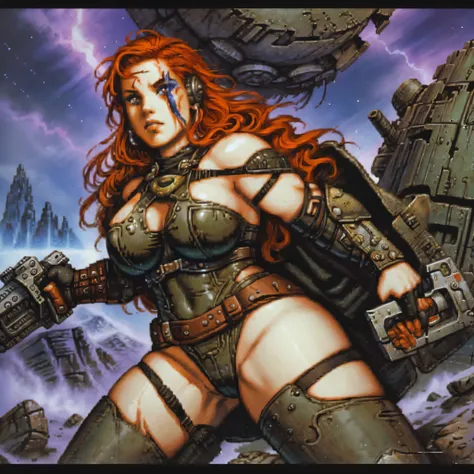 One barbarian girl, Red-haired girl, space warrior girl, cyborg girl, beautiful bbw girl, chubby girls, female warrior, whole body, nude body, perfect skin, space background, dark fantasy, Linsner style, Science fiction, 80s, 16-bit game, VHS era, planet i...