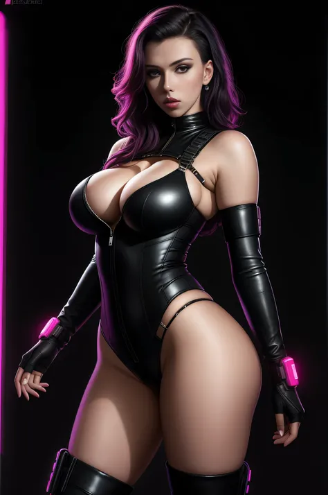 there isscarlet johansson standing, nice ass, thigh high boots, 3 d neon art of a womans body, neon-noir background, cyberpunk femme fatale, seductive cyberpunk dark fantasy, cyberpunk strip clubs, cyberpunk 20 y. o model girl, oppai cyberpunk, banner, hig...