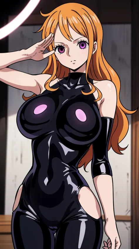 1 girl,NSFW, Nami ,(one piece),clavicle, absurd, brainwashing,Combatant, empty eyes,((purple glowing eyes 1.5)),  (huge breasts 1.8), No expression, emotions removed,(black latex tight bodysuit),avert your eyes , 全身shape, ((stand up, salute)),(highest qual...