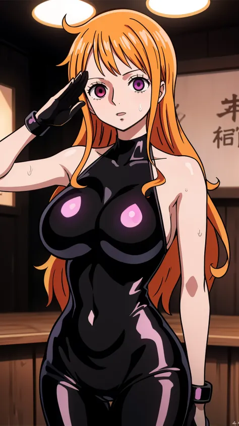 1 girl,NSFW, Nami ,(one piece),clavicle, absurd, brainwashing,Combatant, empty eyes,((purple glowing eyes 1.5)),  (huge breasts 1.8), No expression, emotions removed,(black latex tight bodysuit),avert your eyes , 全身shape, ((stand up, salute)),(highest qual...