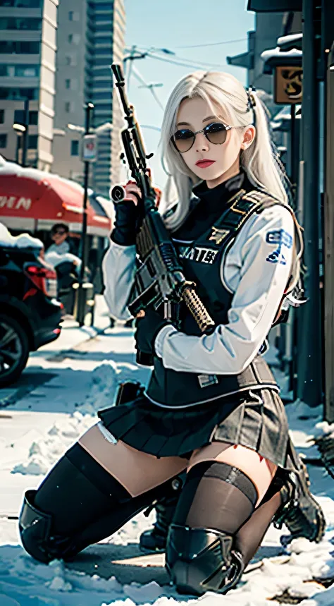 ((best quality)), (masterpiece), photorealistic, photorealism, 1girl kneeling and aiming with an ak-47 assault rifle, mini skirt, (thighhighs), Photorealistic, high resolution, Snow background, looking to the camera, (Detailed face), White hair, SWAT vests...