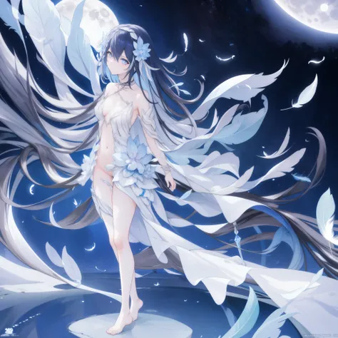 ((A close up)) of a anime girl, (standing in the moon), cinematic light, slim body with curves, skin perfectly white, soft, and smooth, ((no nsfw)), Extremely delicate and beautiful CG illustration, best quality, high resolution, dynamic angle, full-length...