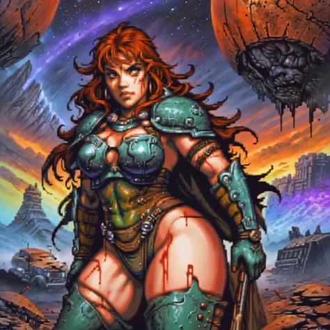 One barbarian girl, red head girl, space-warrior girl, cyborg girl, beautiful bbw girl, chubby girl, woman-warrior, whole body, nude body, Perfect skin, space background, blood rain, dark fantasy, Linsner style, Science fiction, 80s, 16-bit game, VHS era, ...