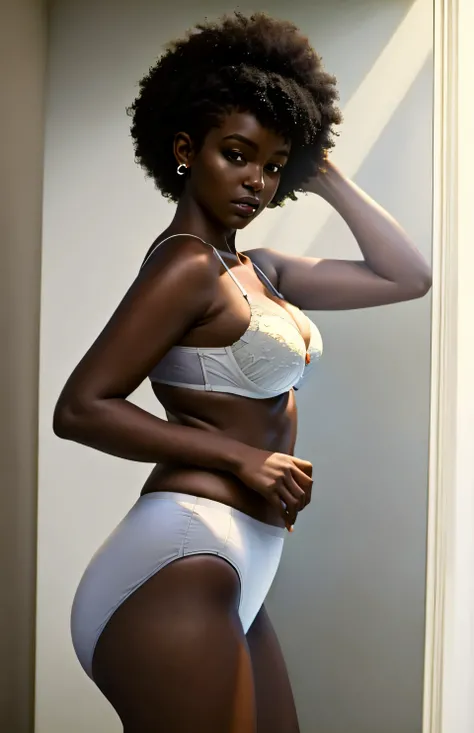 ((((masterpiece, best quality)))), ((33 year old)), (((Curvy))), ((Black woman with black afro)), in ((white bra)), ((white high cut fullback panties)), ((Large Hips)), ((Standing in a cluttered bathroom)), (((realistic art style)))