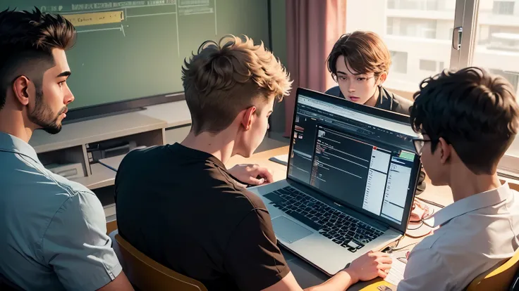 Several male students are learning basic coding on a computer, classroom view with a male teacher explaining the content on the board being taught