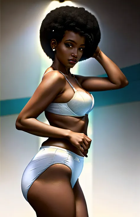 ((((masterpiece, best quality)))), ((33 year old)), (((Curvy))), ((Black woman with black afro)), in ((white bra)), ((white high cut fullback panties)), ((Large Hips)), ((Standing in a cluttered bathroom)), (((realistic art style)))