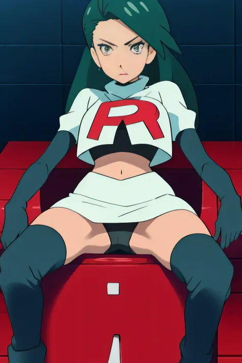 saep5,team rocket uniform, red letter r, white skirt,white crop top,black thigh-high boots, black elbow gloves, spread legs, black panties,on toilet
