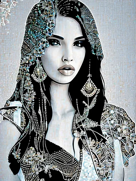 （best quality，4K，masterpiece：1.2），super detailed，Create a three-dimensional pixelated portrait in white，pixel art，in style of Hippie fashion design, portrait, beautiful detailed，beautiful girl，Australian artist Gil Bruve，black and white