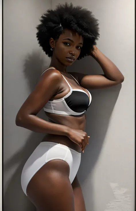 ((((masterpiece, best quality)))), ((33 year old)), (((Curvy))), ((Black woman with black afro)), in ((white bra)), ((white high cut fullback panties)), ((Large Hips)), ((Standing in a cluttered bathroom)), (((realistic art style)))