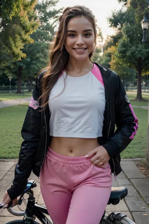 (best quality,ultra HD,realistic:1.2),pretty woman, on bicycle, pink track pants, black jacket, confident, smiling, in park, ultra-detailed,vivid colors