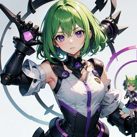 green hair、purple eyes、short hair、mechanical girl、1 girl、anime、elemental gelade