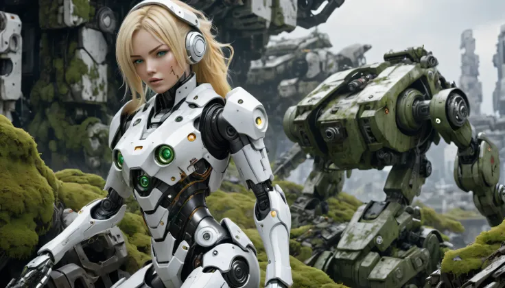 (masterpiece, highest quality, best image quality, High resolution, realistic, Raw photo, 8K)), Robot soldiers abandoned on the battlefield, broken and unable to move, female cyborg body, blonde, female body,detailed body、Rust and moss showing the passage ...