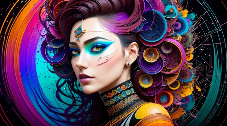 ultra detailed artistic abstract photography of Geometrical Woman, 32k trendy abstract poster of a beautiful woman, hair made of 3D paper quilling design, abstract paper quilling, detailed symmetric hazel eyes with circular iris, shattered paper fragments,...