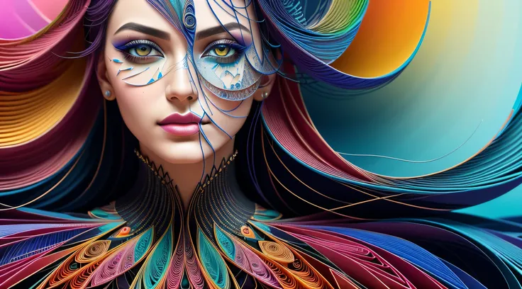 ultra detailed artistic abstract photography of Geometrical Woman, 32k trendy abstract poster of a beautiful woman, hair made of 3D paper quilling design, abstract paper quilling, detailed symmetric hazel eyes with circular iris, shattered paper fragments,...