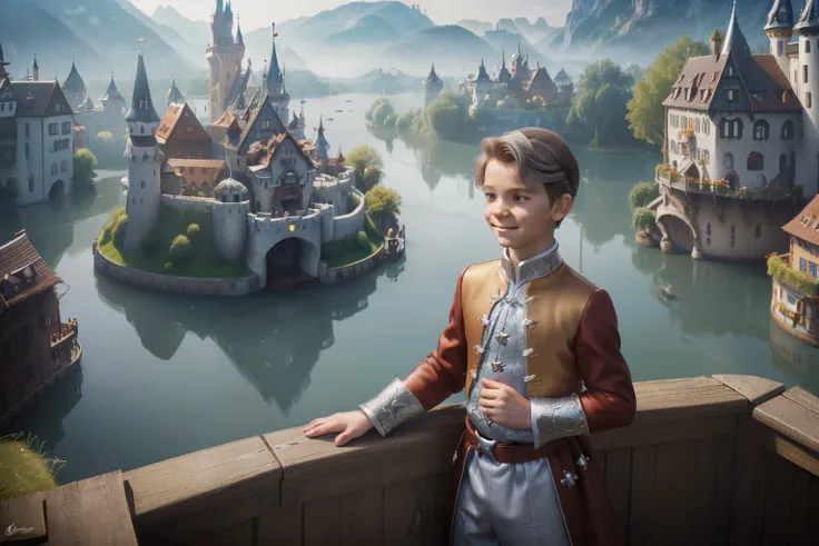 Fairytale Kingdom of Fantasia. ((((10-year-old)) Bastian Balthazar Bux)), german boy, shy, lively eyes, ((amazed and excited expression)). ((((german classic prince clothings)))), ((dark-chestnut hairstyle)). in the streets of a (((floating city on top of ...