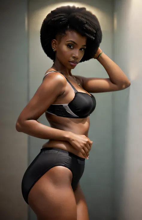 ((((masterpiece, best quality)))), ((33 year old)), (((Curvy))), ((Black woman with black afro)), in ((white bra)), ((white high cut fullback panties)), ((Large Hips)), ((Standing in a cluttered bathroom)), (((photo realistic)))