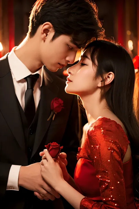 1 man, 1 woman, exchanging a single red rose, close-up of hands touching gently, romantic atmosphere, soft lighting, evening backdrop, emotion-filled eyes visible in the background, timeless elegance
