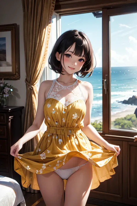 very cute and beautiful girl standing near window,(floral yellow summer dress with detailed frills),sleeveless,detailed lace,(skirt lift,white panties),
(highly detailed beautiful face),antique hotel bedroom with outside view,distant trees and ocean,
cowbo...