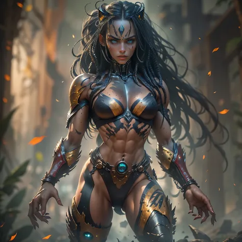 best quality, ultra-detailed, (photorealistic:1.37), 1 female alien, The Predator, warrior, (very beautiful:1.2), (intense gaze:1.4), (Predator:1.1), long dark nails, NSFW,  nipple, thick eyebrows, Shining emerald eyes, the most beautiful face in the unive...