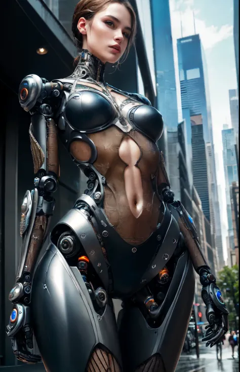 Woman-robot in the big city, high quality, absurdres, masterpiece, beautiful, intricate details, 1/2 body crop, slim body, beautiful figure, magnificent anatomy, (intricate details:1.12), HDR, (intricate details, hyper-detailing:1.15), (natural skin textur...