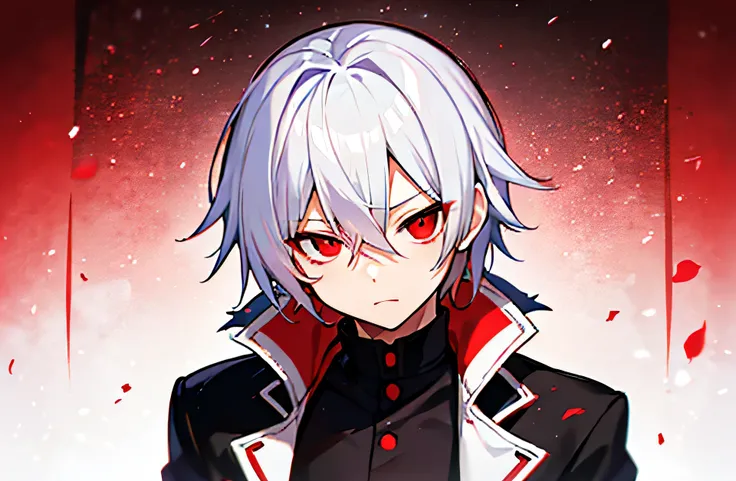 High resolution,close distance、Anime boy with white hair and red eyes stares at camera, glowing red eyes,slim, wearing black clothes,shadow body,colorful background,hair is dirty,yameroyandere, diagonal angle,messy hair