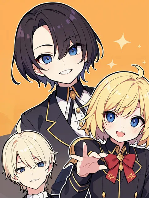 (highest quality、masterpiece:1.2) ((1 boy)) golden hair、black eye、short hair、elegant (school uniform) beautiful eyes、beautiful hair、beautiful and well-shaped face、beautiful mouth (smile) sharp teeth
