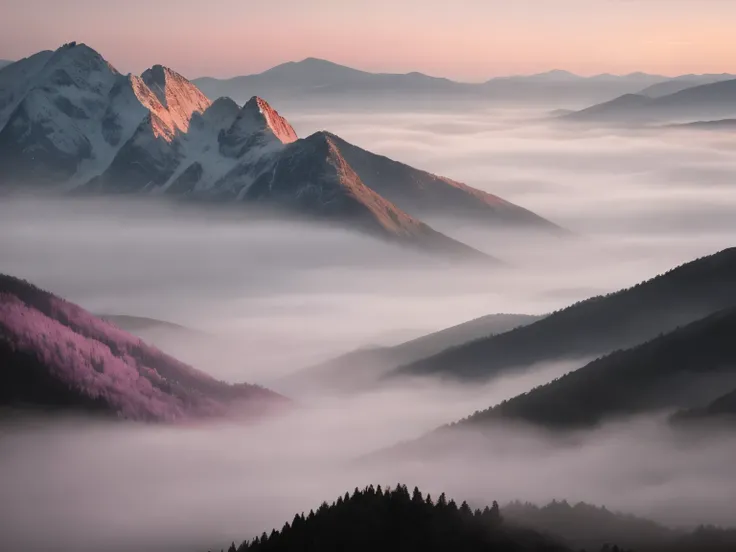 mountains covered in fog at sunset with a pink sky, dark misty foggy valley, soft light misty, flowing hills, ethereal landscape, layered fog, misty mountains, valley mist, dreamy landscape, misty atmosphere, foggy landscape, blanket of fog, misty mood, ro...