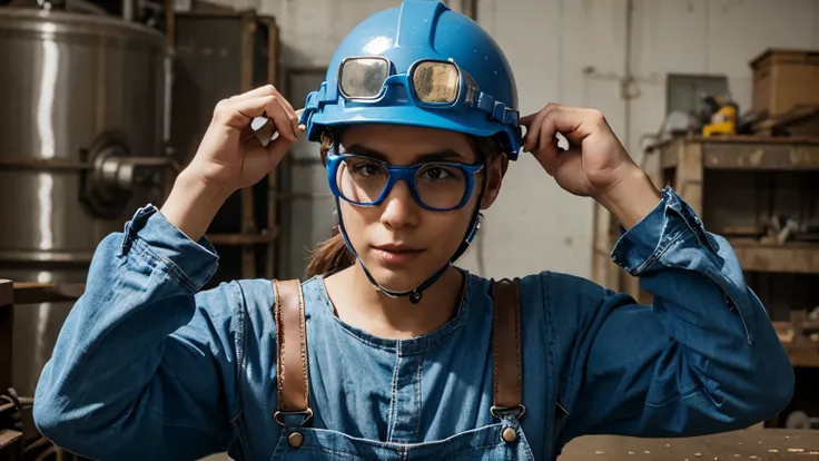 create a monkey with blue factory overalls, safety helmet and safety glasses