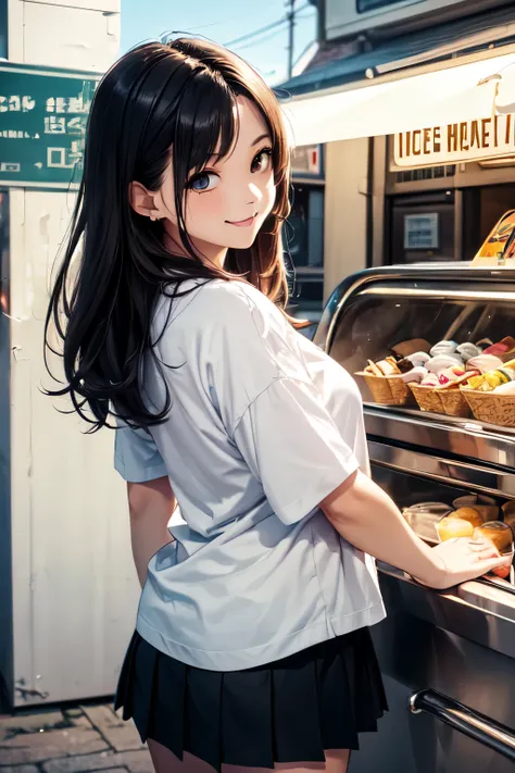 very cute and beautiful girl,(highly detailed beautiful face),(smile),happy,
black hair,looking at viewer,standing in front of ice cream stand wagon,T-shirt,pleated mini skirt,
(best quality,masterpiece:1.2),absurdres,highres,ultra-detailed,extremely detai...