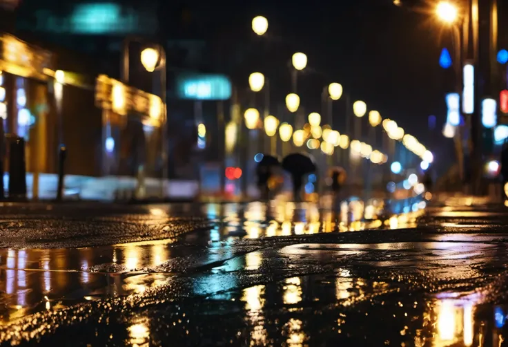 City streets on a rainy night。Street lights reflecting on wet asphalt。City night background