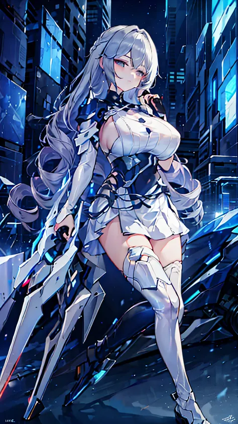 highest quality、best image quality、masterpiece、Girl and black and blue mech suit、glowing mecha suit、Lethargic face、big breastessy silver hair、near future city