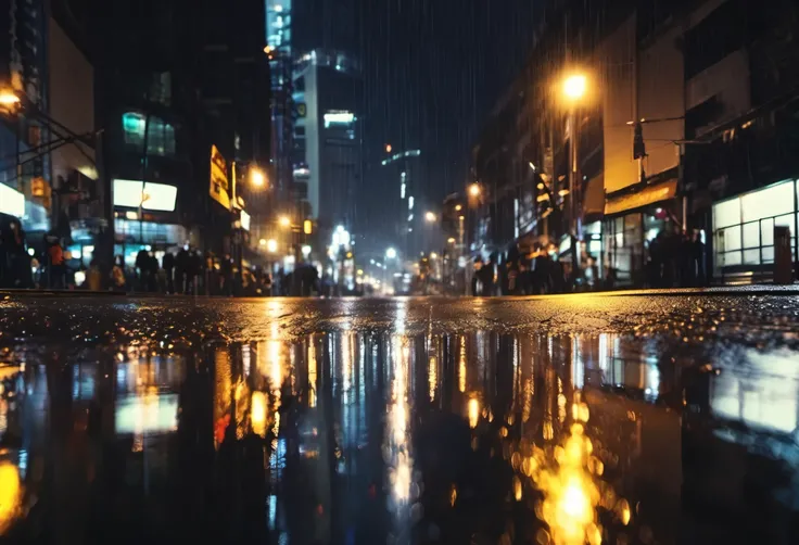 City streets on a rainy night。Street lights reflecting on wet asphalt。big city night background