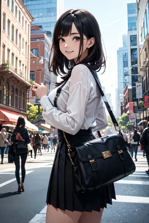 Very cute and beautiful girl standing near the building,(very detailed美しい顔),
cowboy shot,cute spring fashion outfits,pleated mini skirt,looking at the viewer,(smile),black hair,(Black Bag),
City Square,downtown street,people々,crowd,
(highest quality,master...