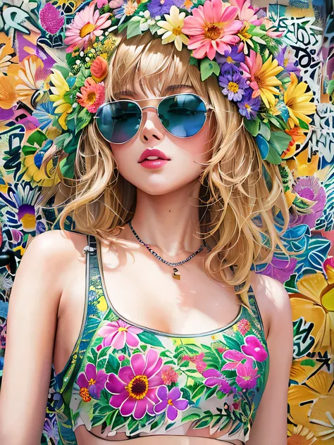 8K quality, watercolor painting, stylish design, (((The strongest beautiful girl of all time))), (((Japanese)))、Idol、clear, Stylish sunglasses, Fashionable hats, (((highest quality))), bob hair, lips in love, HDR, ((Detailed details)), stylish fashion, det...